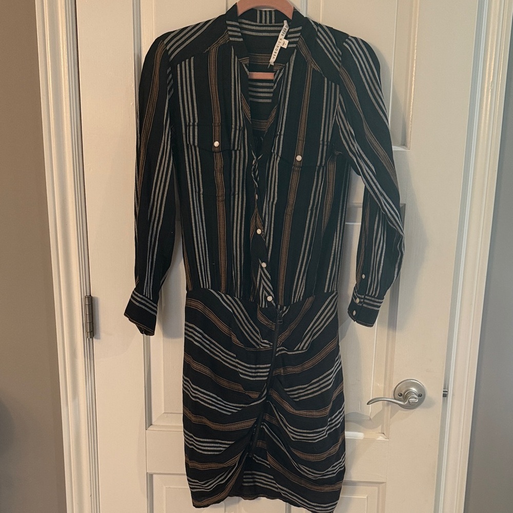 Veronica Beard Black and Brown Striped Long Sleeve Dress